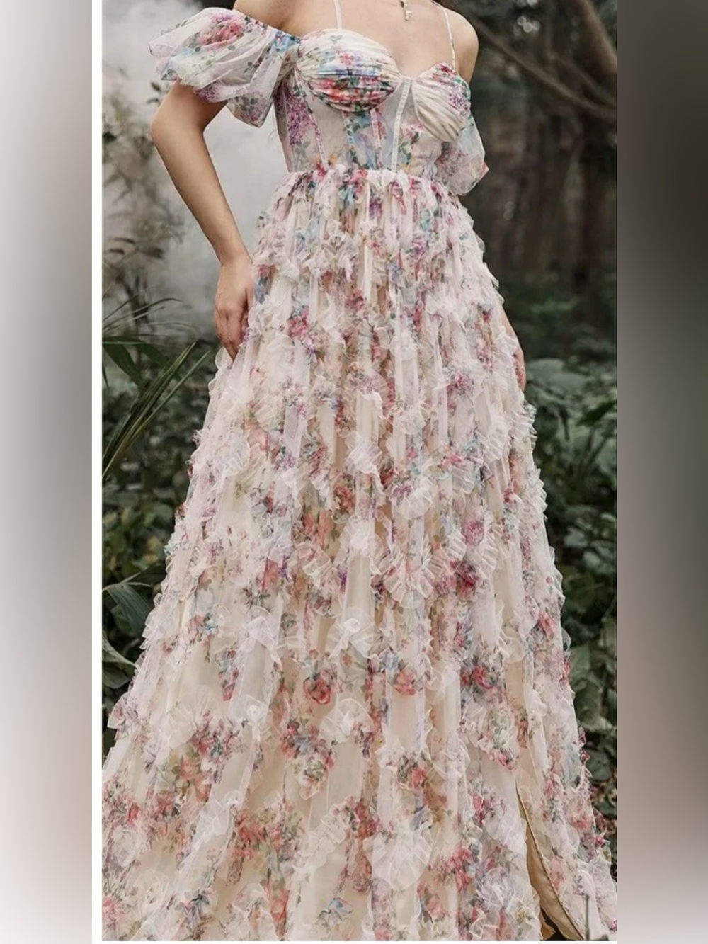 PromGirl Cream Maxi Dress with Pastel Floral Print